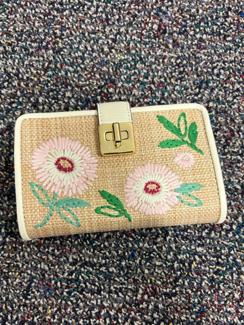 Kate Spade Embroidered Straw Floral Clutch Wallet - Pink & Green